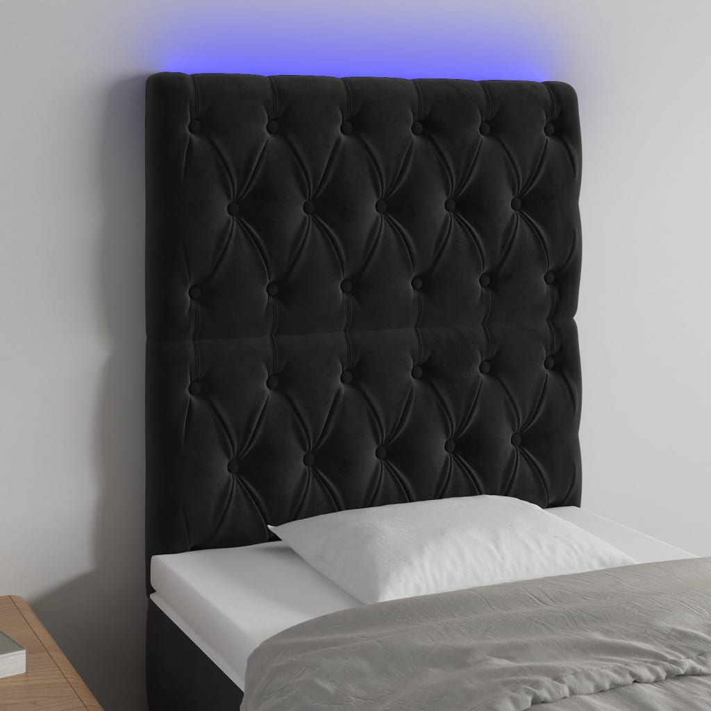 Sengegavl med led-lys fløjl - sort, 80 x 7 x 118/128 cm, 1 - number 1.