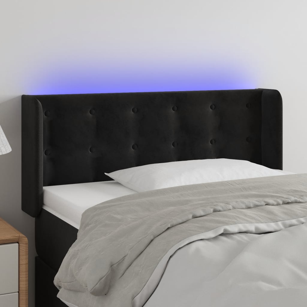 Sengegavl med led-lys fløjl - sort, 83 x 16 x 78/88 cm, 1 - number 1.