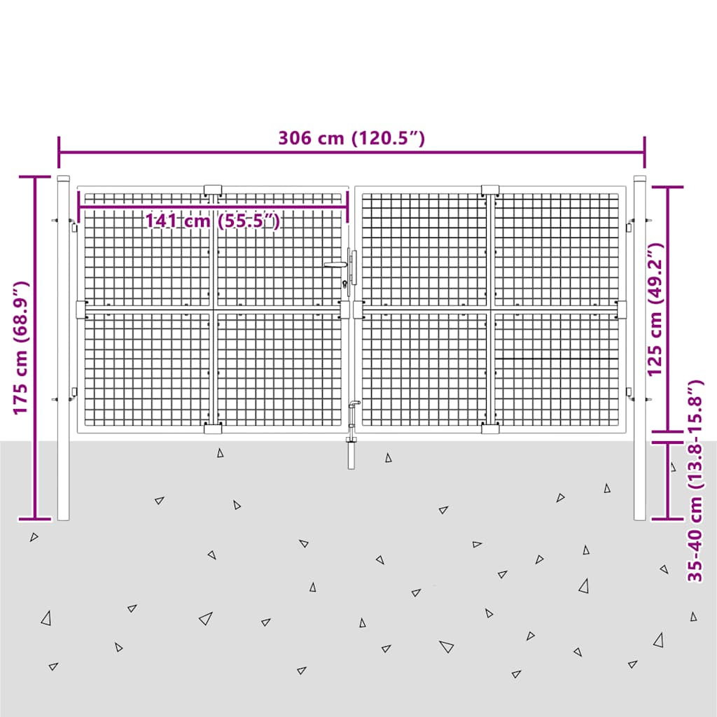 Rešetkasta vrata za vrtnu ogradu 300x175 cm pocinčani čelik tamnosiva - number 7.