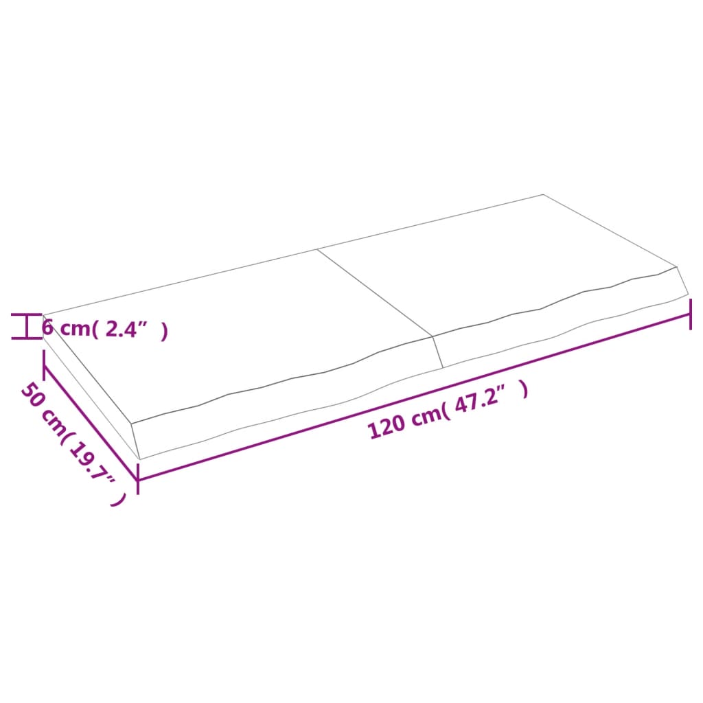 Bordplade til badeværelse 120x50x(2-6)cm massivt træ ubehandlet - naturfarvet, 120 x 50 x 6 cm - number 9.
