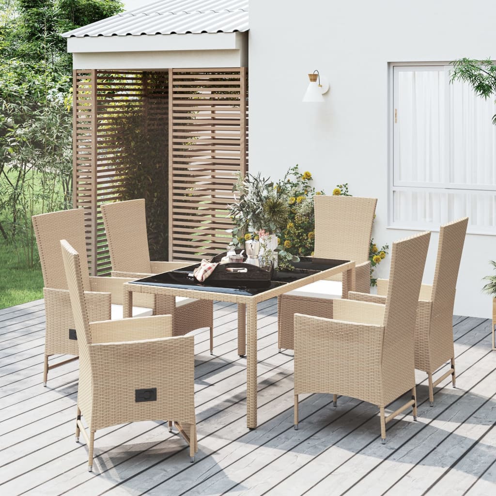 Spisebordssæt til haven 7 dele med hynder polyrattan beige - 150 cm bordlængde, 1, 4x stol + 2x lænestol + bord, x - number 1.
