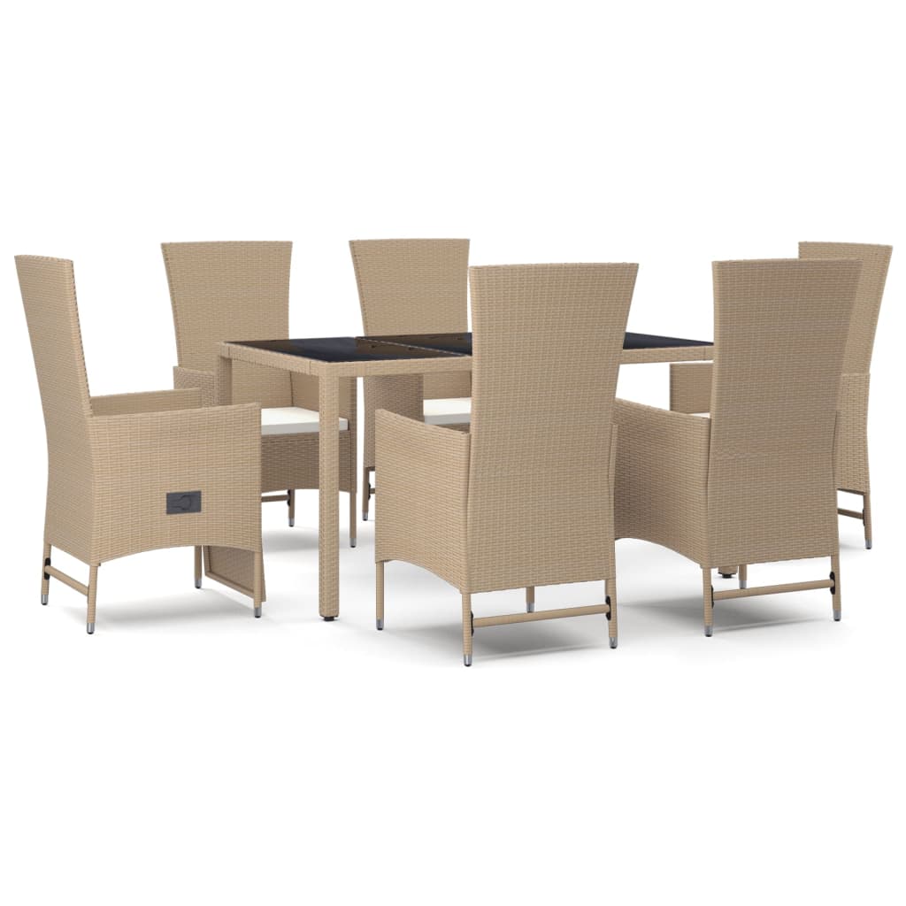 Spisebordssæt til haven 7 dele med hynder polyrattan beige - 150 cm bordlængde, 1, 4x stol + 2x lænestol + bord, x - number 2.