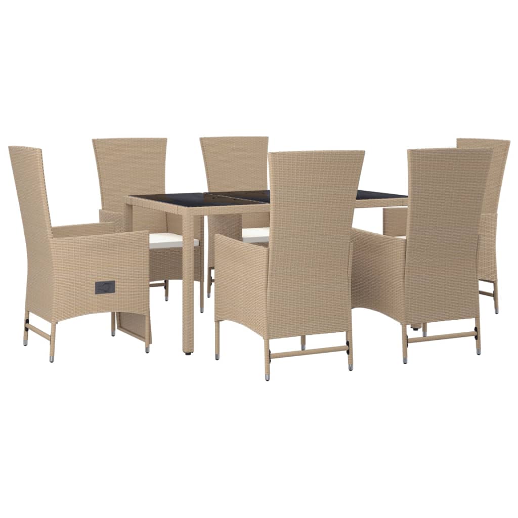 Spisebordssæt til haven 7 dele med hynder polyrattan beige - 150 cm bordlængde, 1, 4x stol + 2x lænestol + bord, x - number 3.
