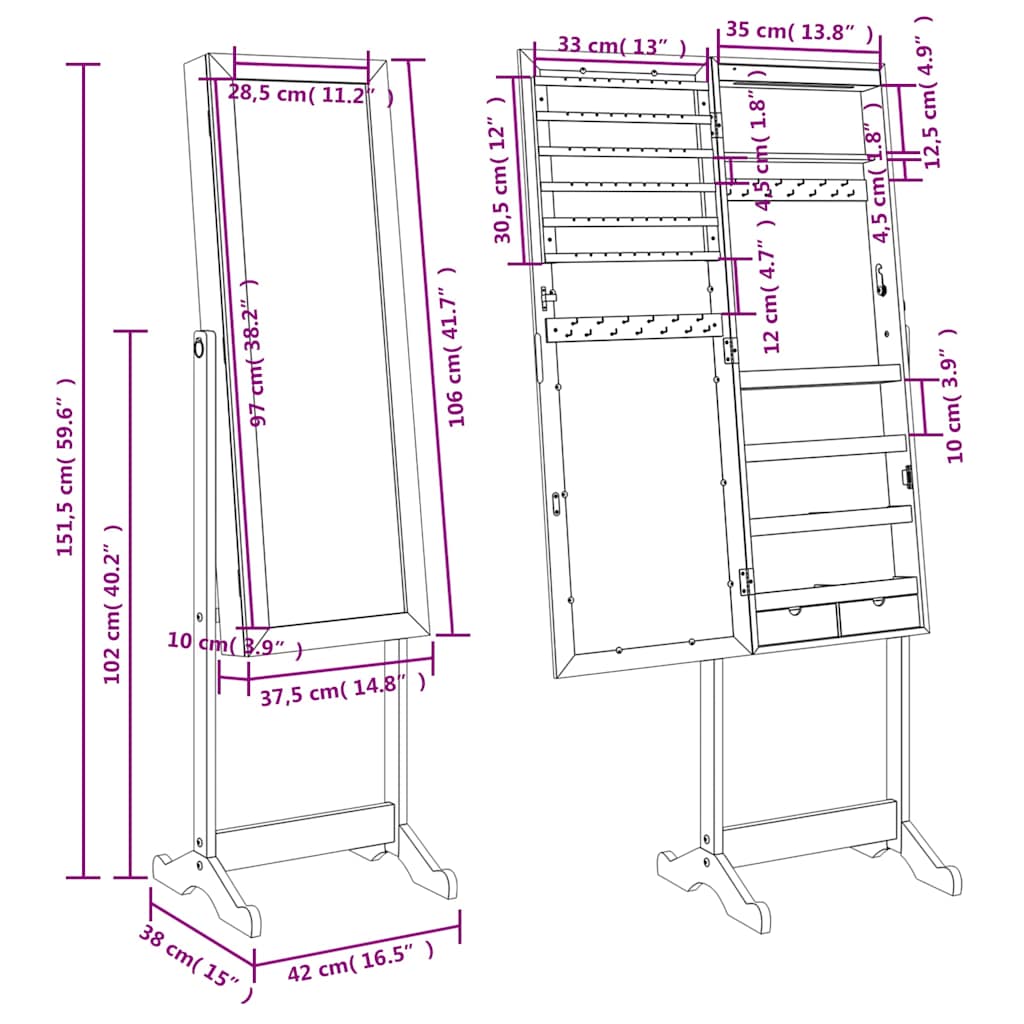 Armoire à bijoux avec miroir et lumière led sur pied - blanc, 1 - number 12.
