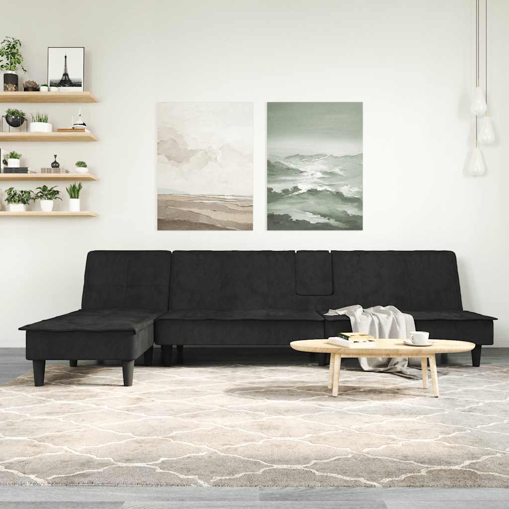 L-formet sofa seng 255x140x70 cm velour svart - number 1.