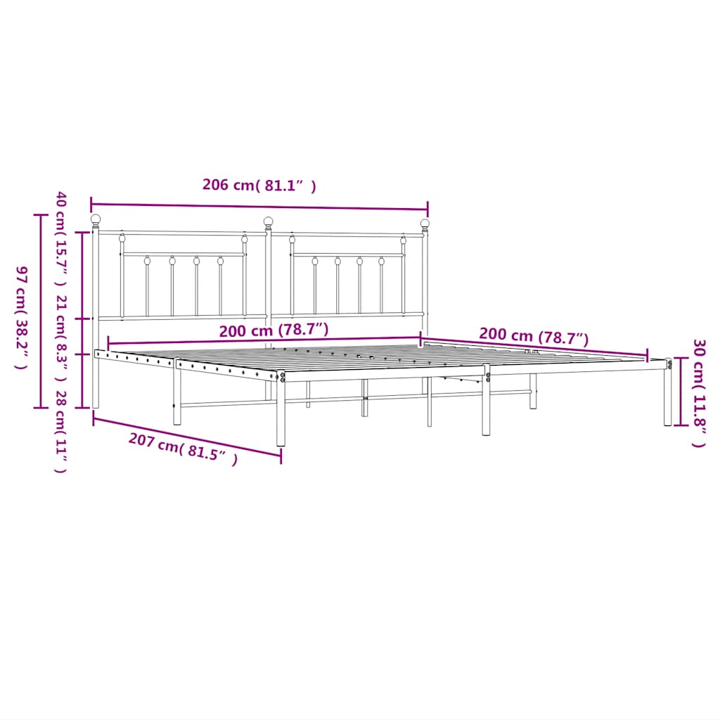 Sengeramme med sengegavl metal - hvid, 200 x 200 cm, med hovedgærde - number 10.