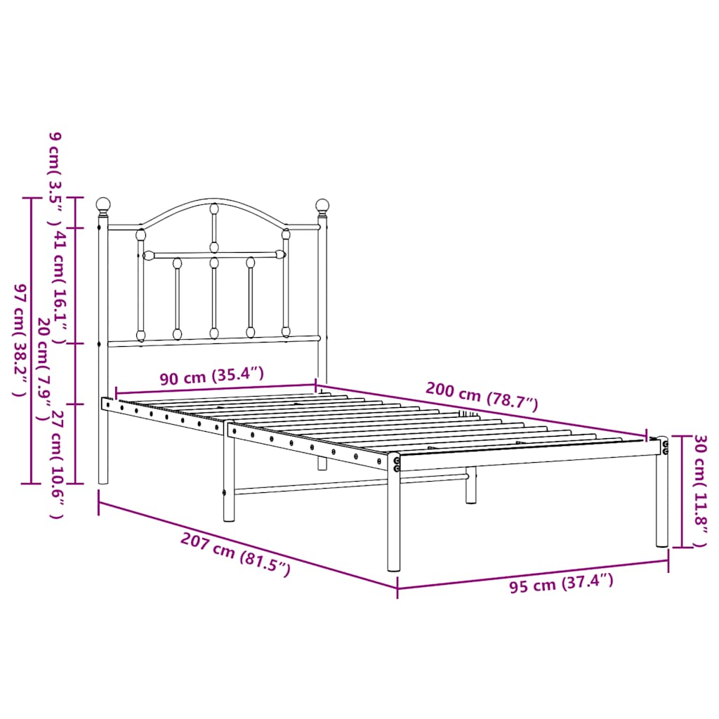 Sengsramme med nattverandør metall - svart, 90 x 200 cm, med hodegjerde - number 9.