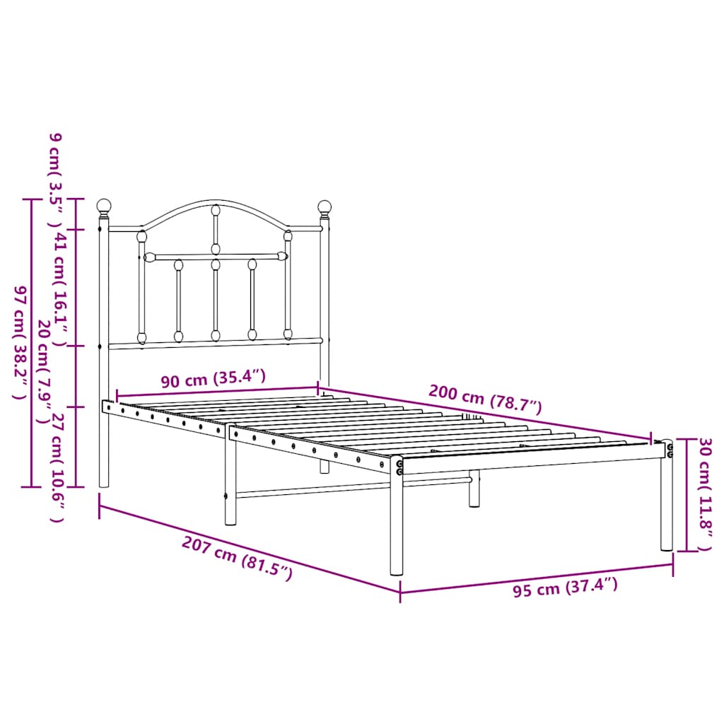 Sengramme med hodegjerde metall - hvitt, 90 x 200 cm, med hodegjerde - number 9.