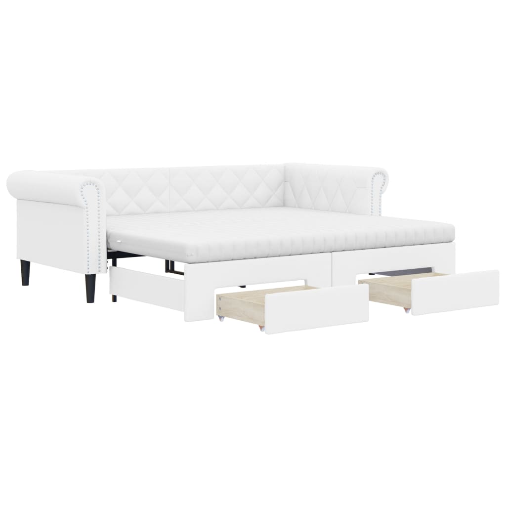 Dagseng med ekstrakt og skuff kunstig skinn - hvitt, 90 x 200 cm, med ekstrakt og skuff og madrass - number 2.