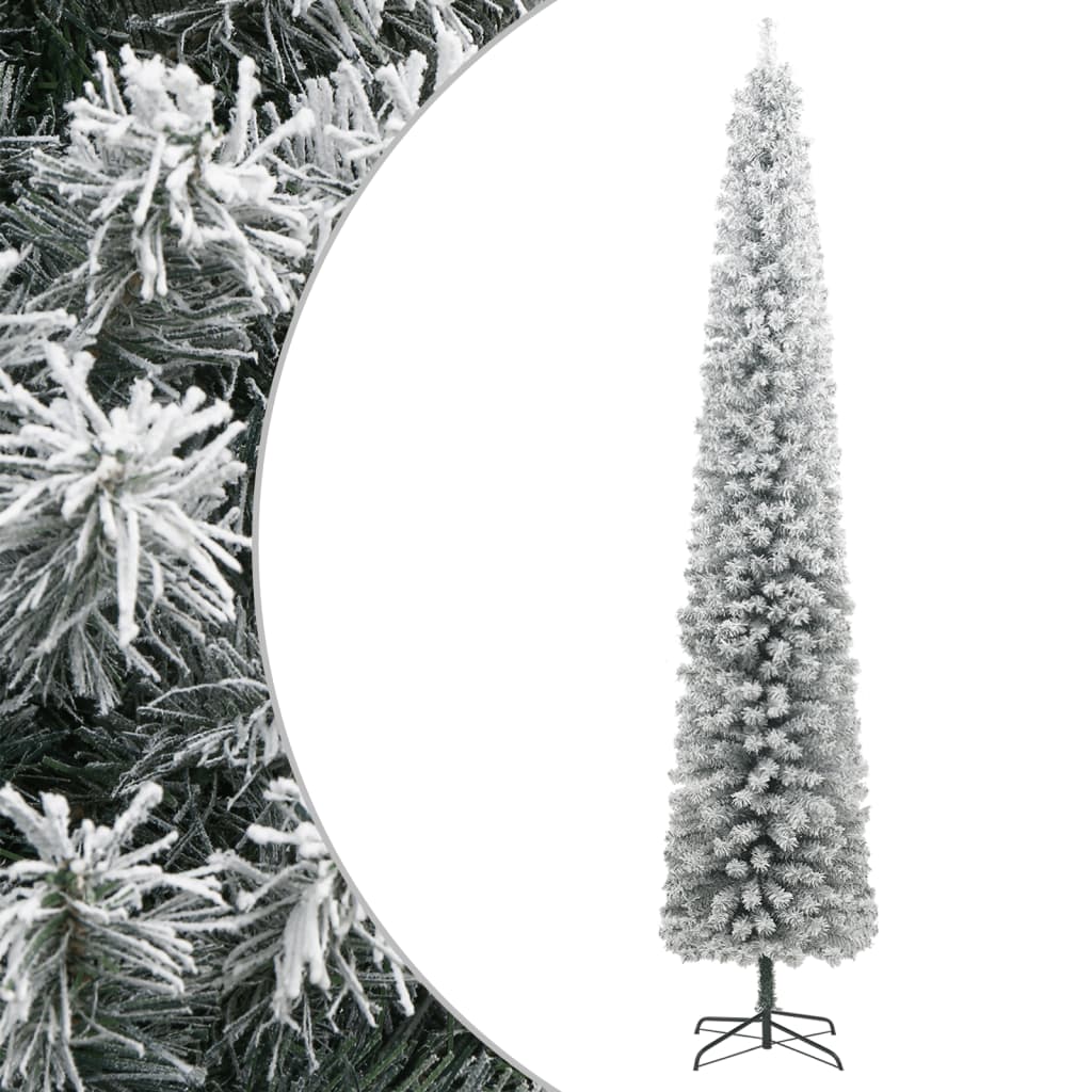 Narrow christmas tree with christmas tree base and snow pvc - green and white, 300 cm, 1, with flocked white snow - number 1.