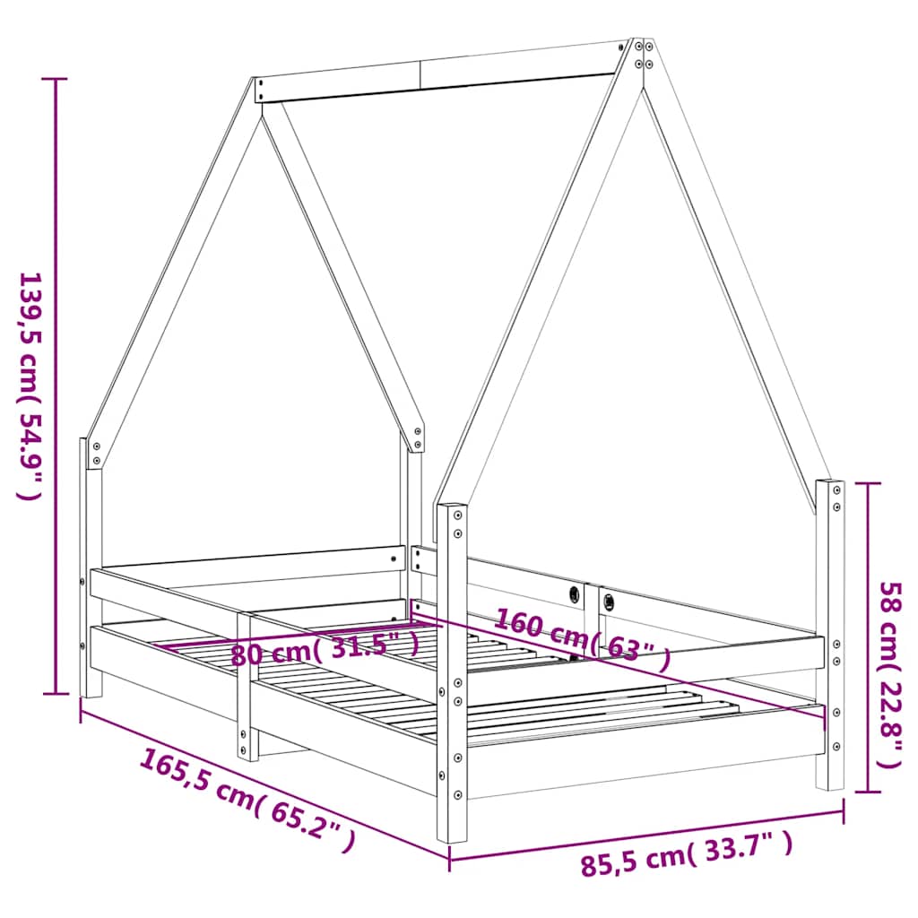 Sengeramme til juniorseng massivt fyrretræ - hvid, 80 x 160 cm - number 8.