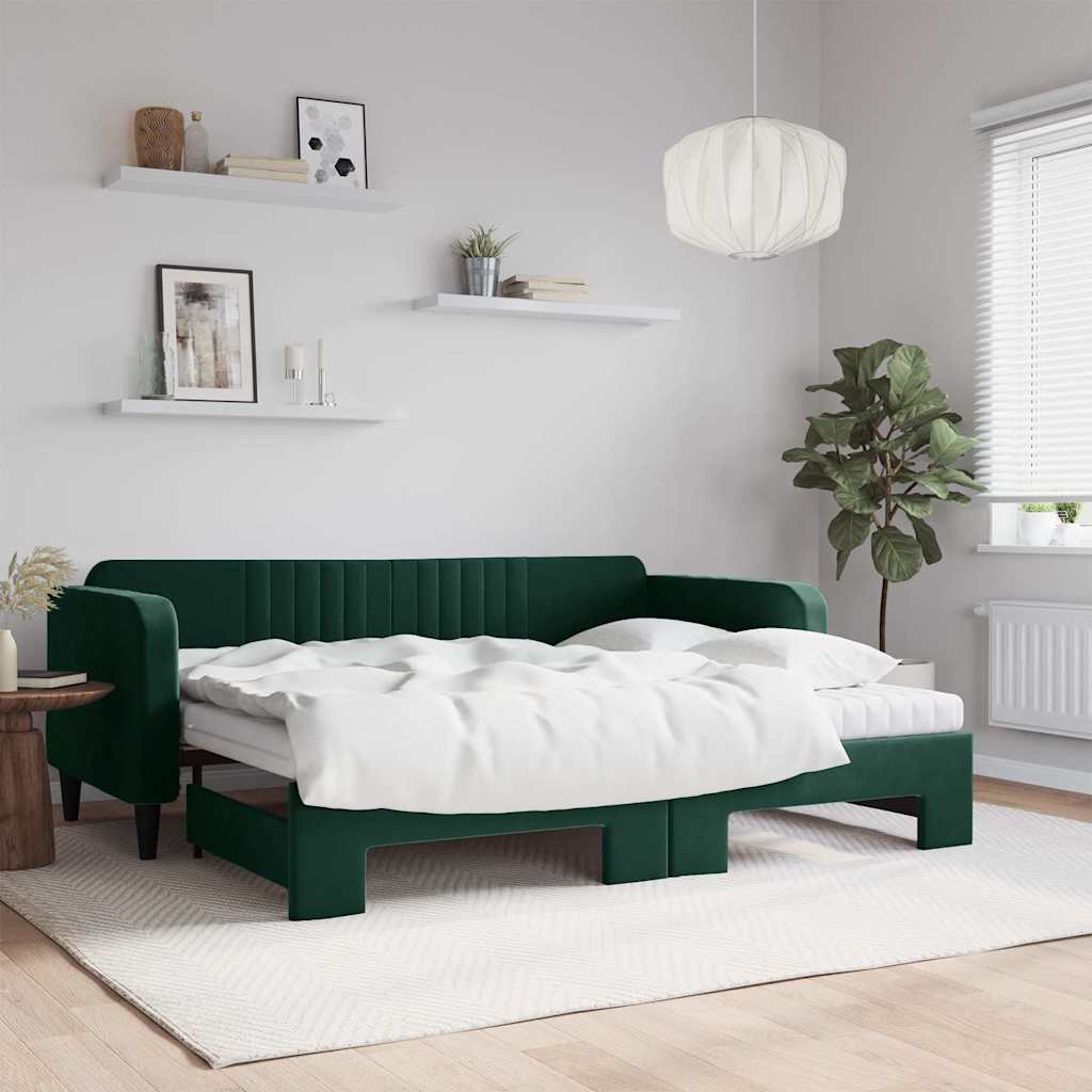 Daybed med udtræk og madras 90x200 cm velour mørkegrøn - number 1.