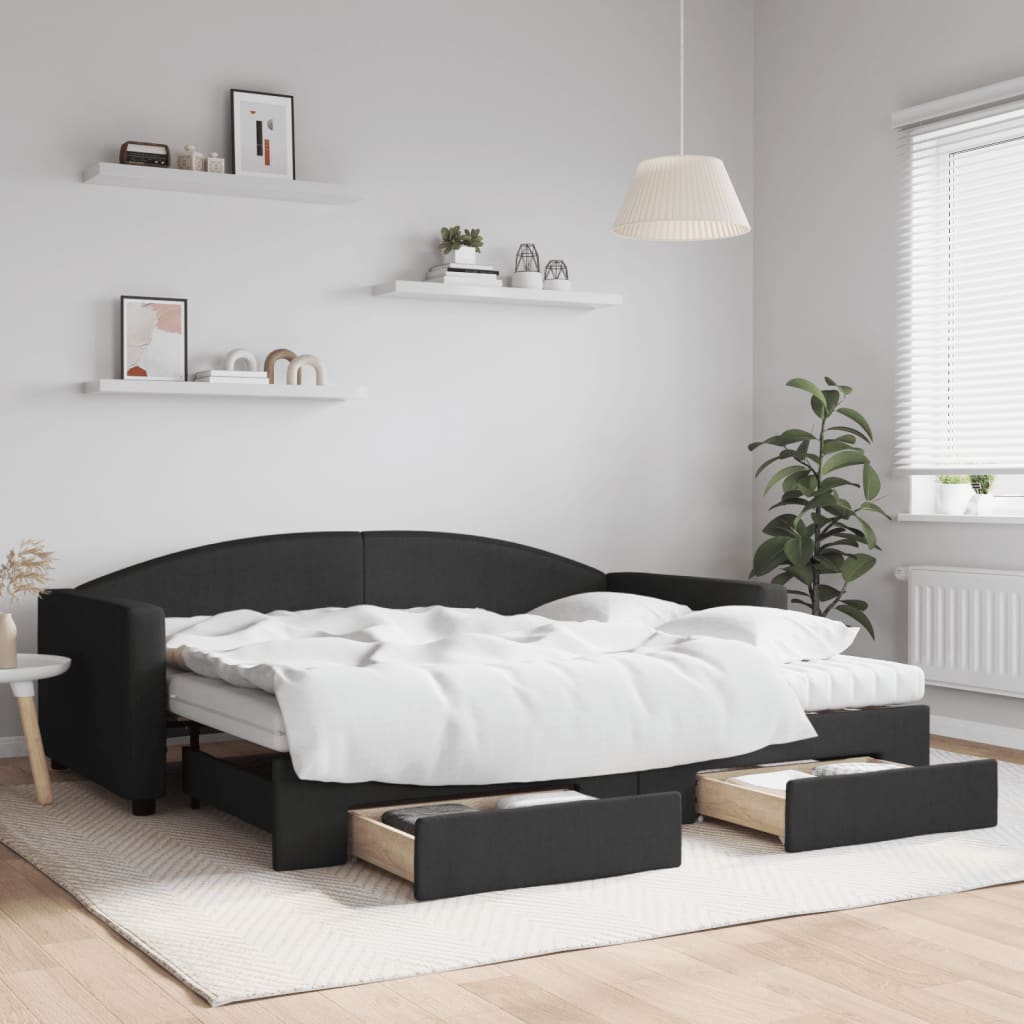 Daybed med udtræk og skuffer stof - sort, 90 x 200 cm, med udtræk og skuffe og madras - number 1.