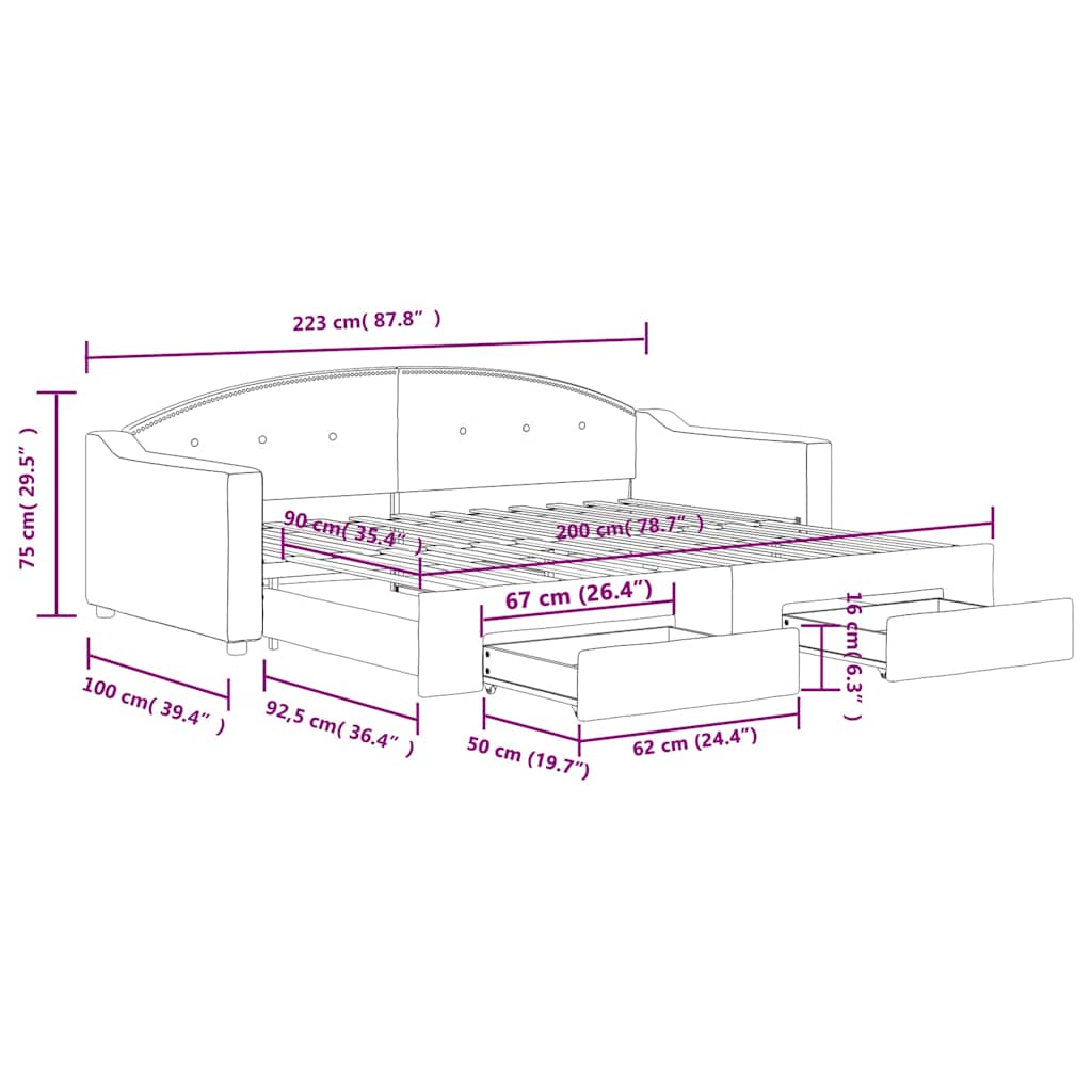 Leżanka z wysuwaną sofą i szufladami tkanina - szaro-brązowa, 90 x 200 cm, z wysuwaną sofą i szufladą - number 12.