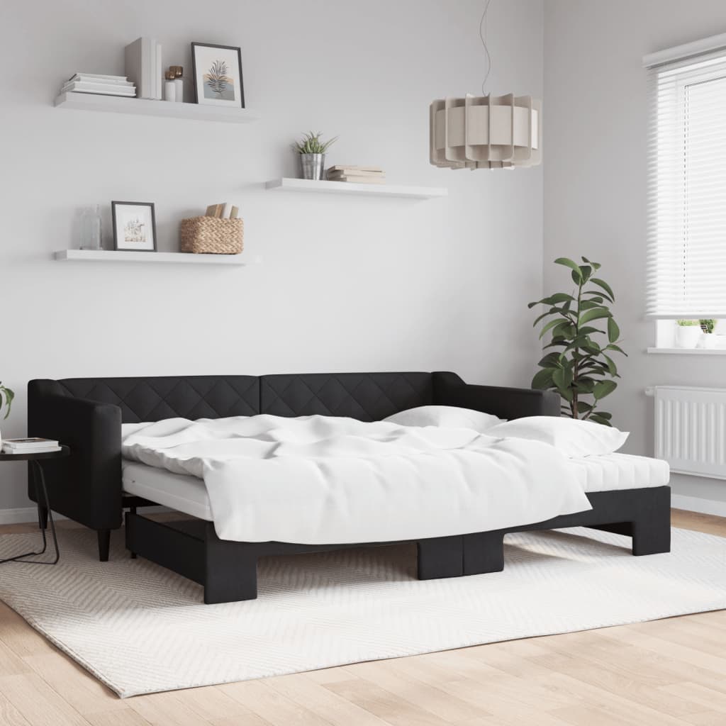Daybed stoff - sort, 90 x 200 cm, med uttrekk og madrass - number 1.