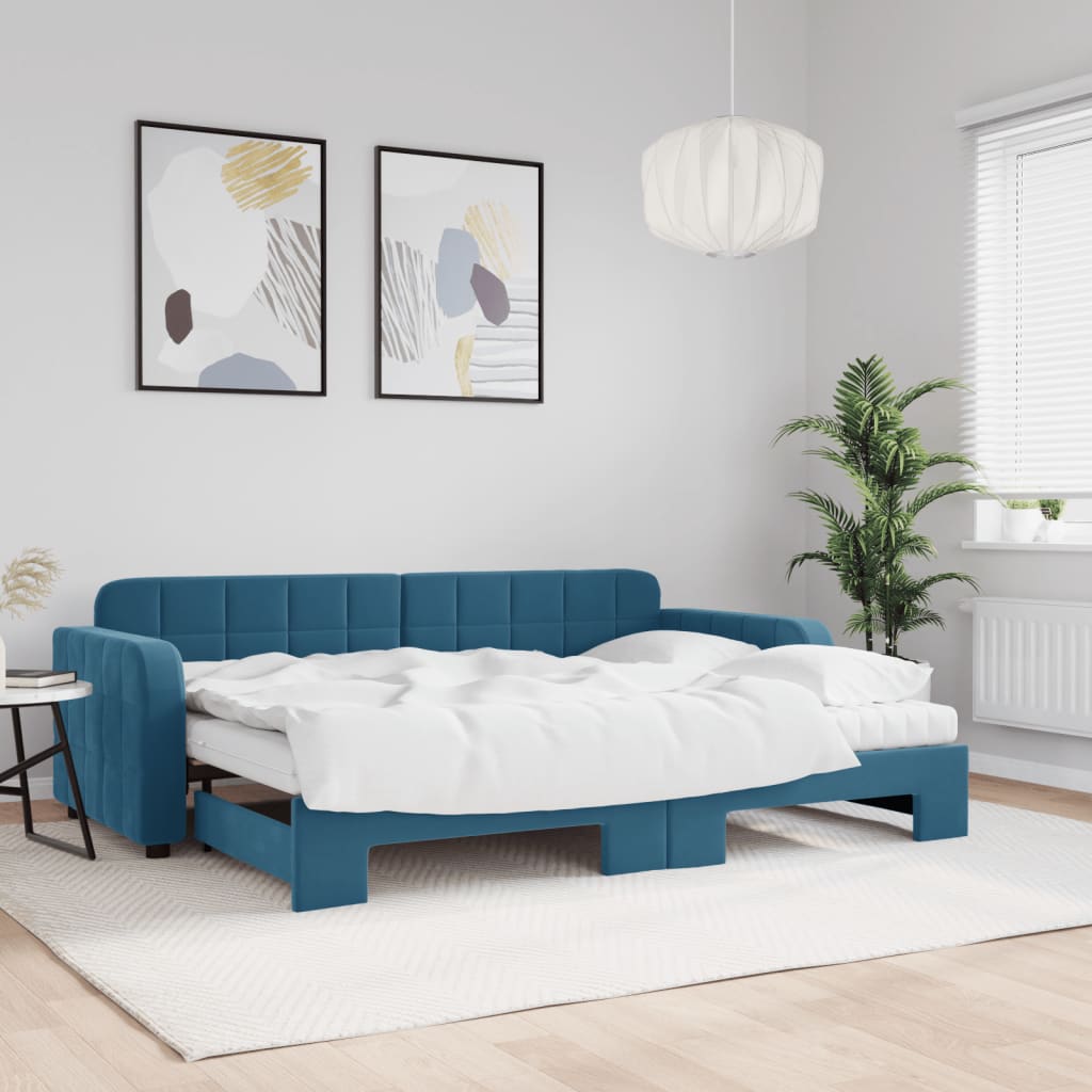 Daybed velour - blå, 80 x 200 cm, med udtræk og madras - number 1.