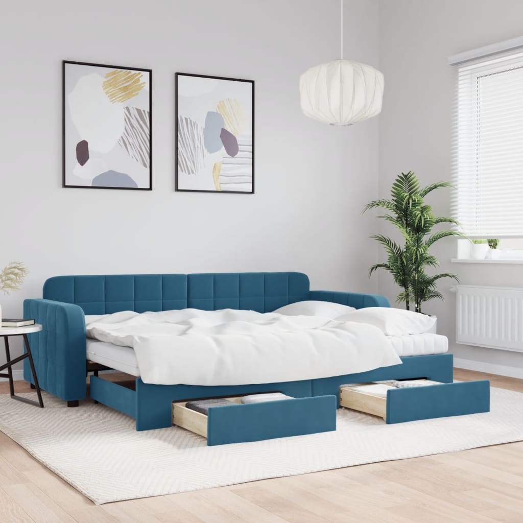Daybed med uttrekk og skuffer stoff - blå, 80 x 200 cm, med uttrekk og skuff og madrass - number 1.