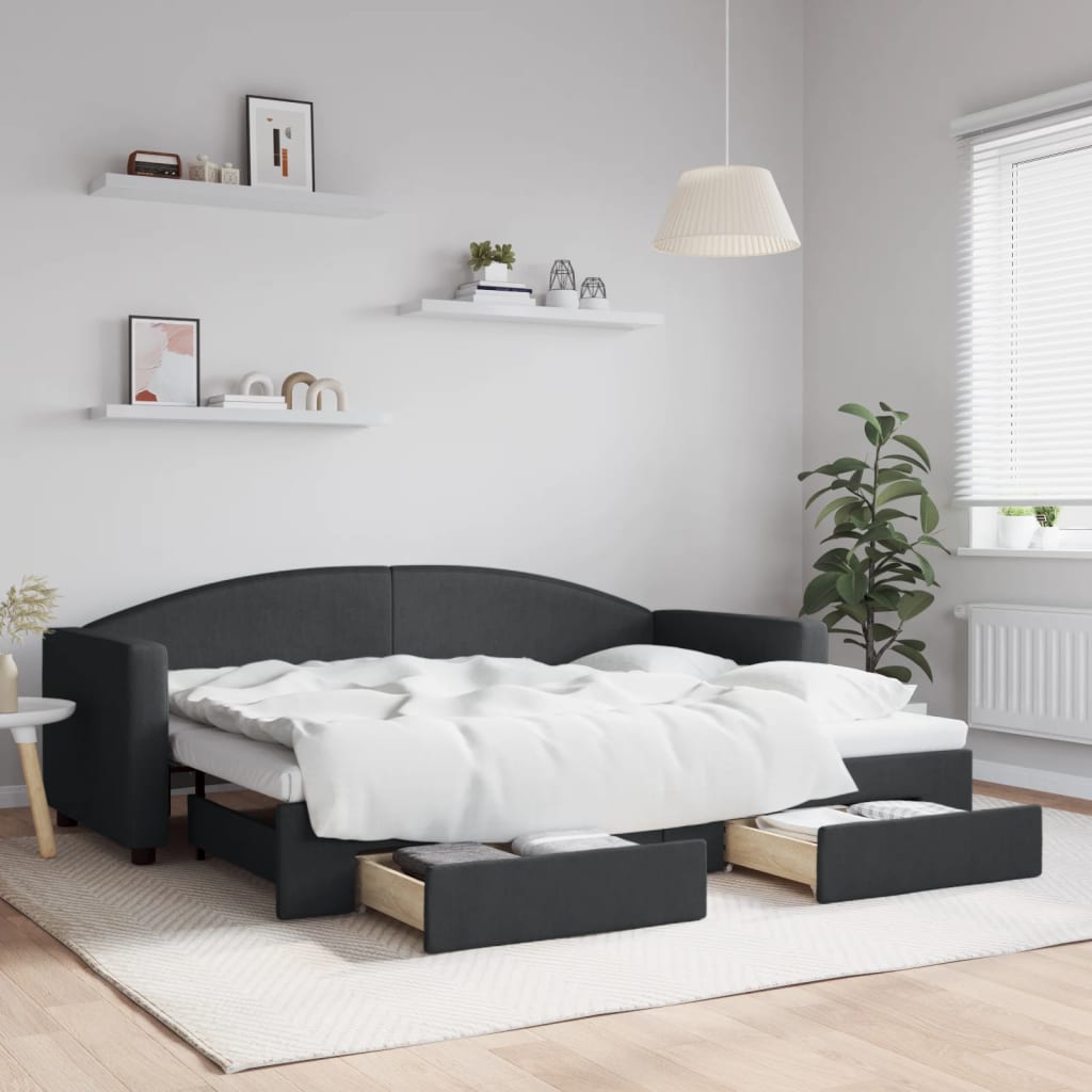 Daybed med udtræk og skuffer stof - sort, 80 x 200 cm, med udtræk og skuffe - number 1.