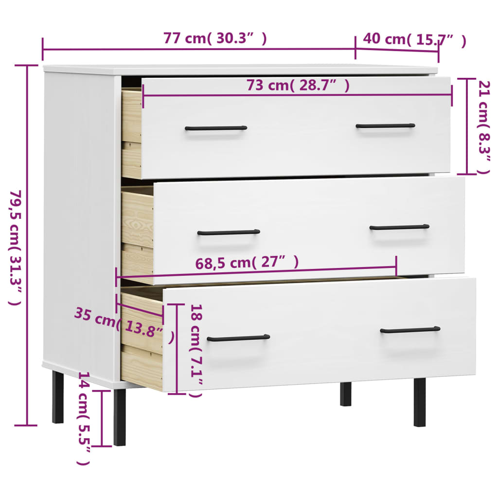 Sideboard with 3 drawers oslo 77x40x79.5 cm solid wood - white, 1 - number 8.