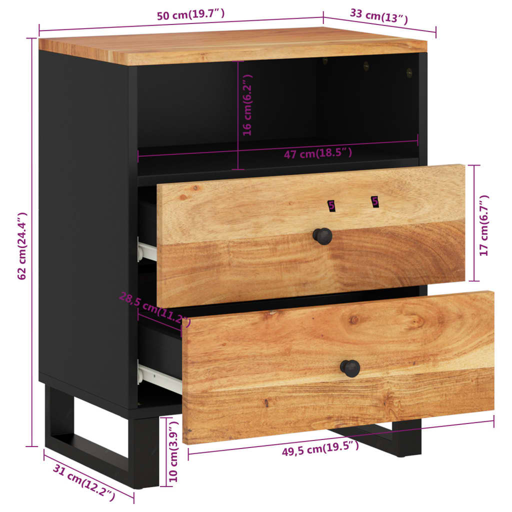 Noćni ormarić 50x33x62 cm masivno drvo bagrema i konstruirano drvo - number 8.