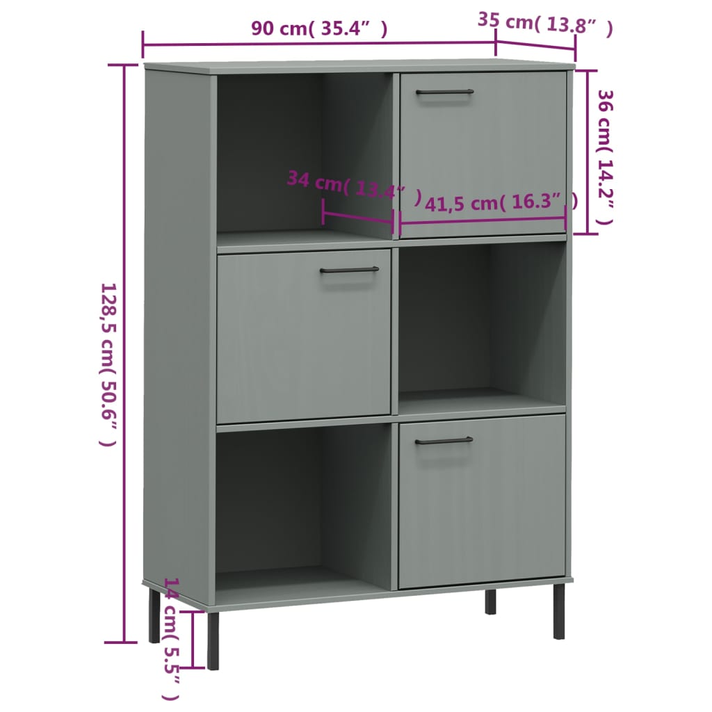 Bookcase with metal legs oslo 90x35x128.5 cm solid wood - grey, 1 - number 8.