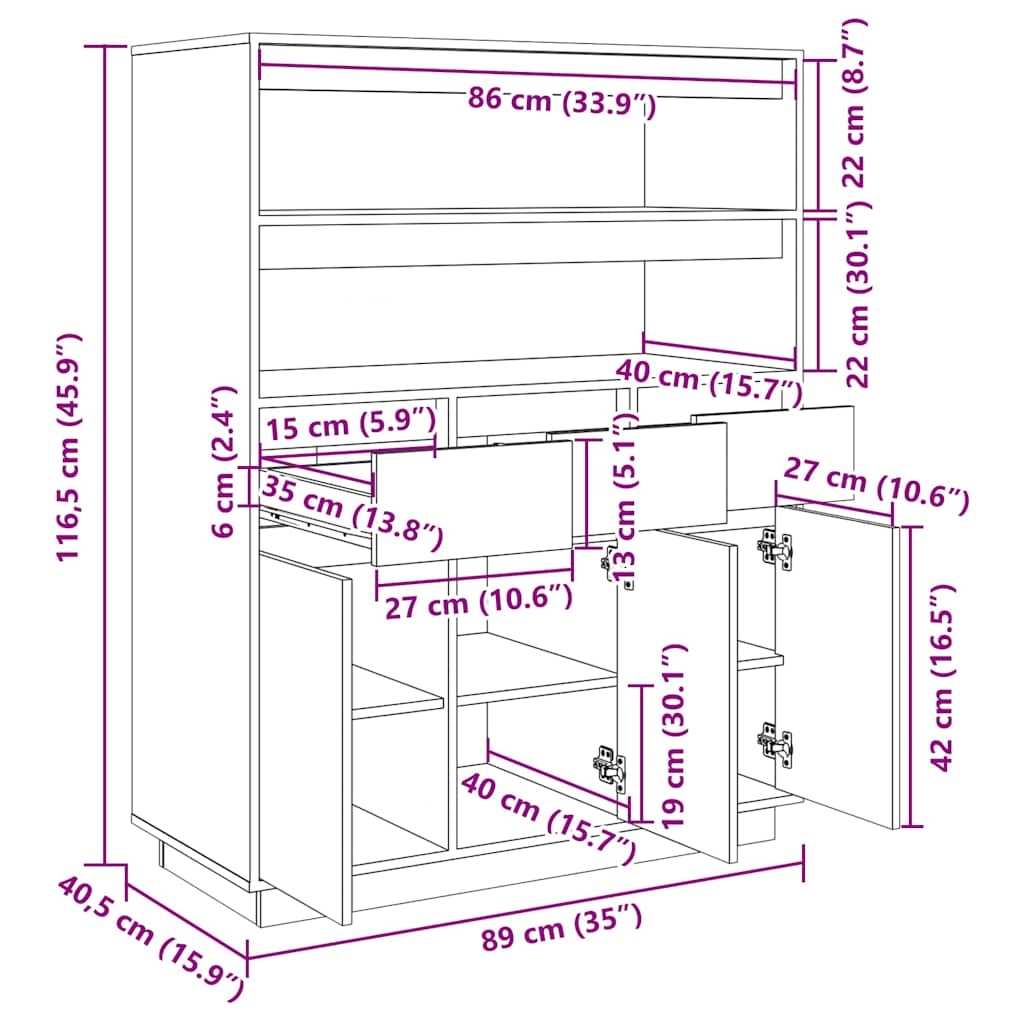 Højskab 89x40x116,5 cm massivt fyrretræ - naturfarvet, 1 - number 9.