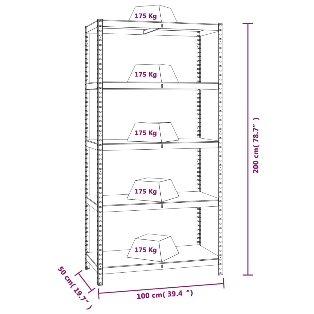 Scaffalatura 5 ripiani acciaio e legno ingegnerizzato - blu, 100 x 50 x 200 cm, 4 - number 8.