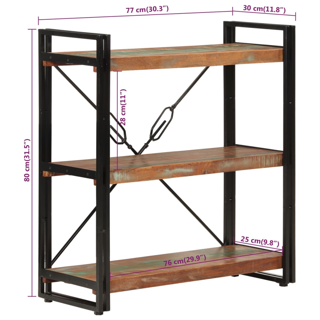Bookcase with 3 shelves 77x30x80 cm solid recycled wood and iron - number 6.