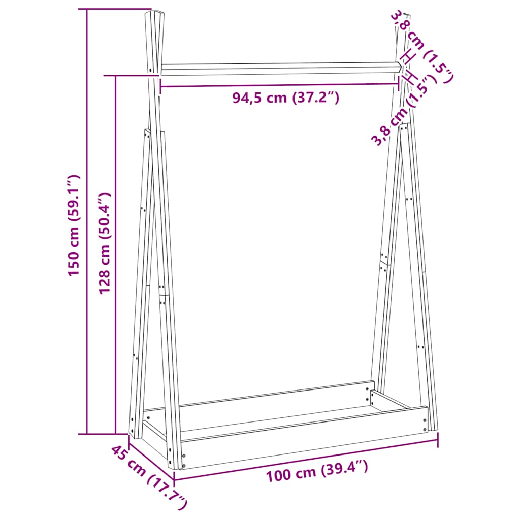 Tøjstativ 100x45x150 cm massivt fyrretræ - naturfarvet, 1 - number 7.