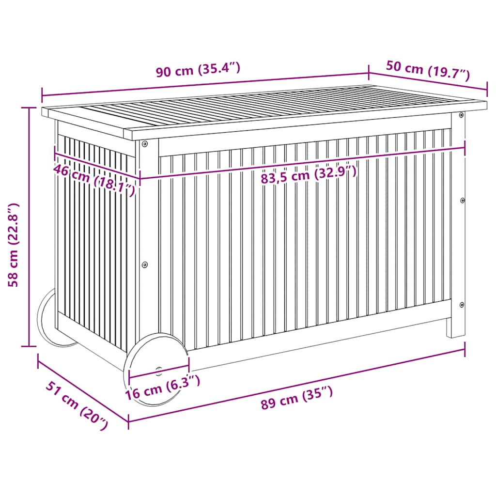 Skrzynia ogrodowa na kółkach lite drewno - 90 x 50 x 58 cm - number 8.