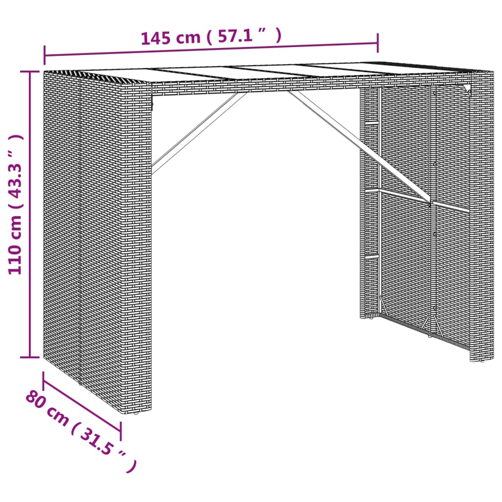 Barbord med glasplade polyrattan - grå, 145 x 80 x 110 cm, 1 - number 6.