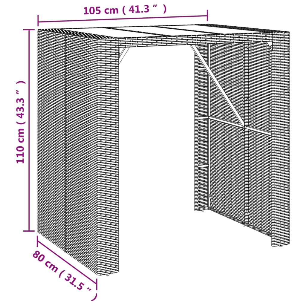 Barbord med glasplade 105x80x110 cm polyrattan grå - number 6.