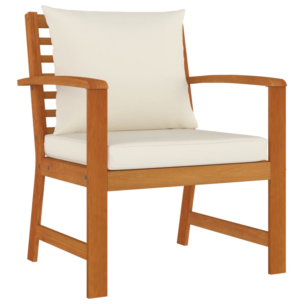 4-delat trädgårdsmatsalsset med kuddar, massivt akaciaträ - krämfärgad, bänk + 2x stol + bord, 1 - number 5.