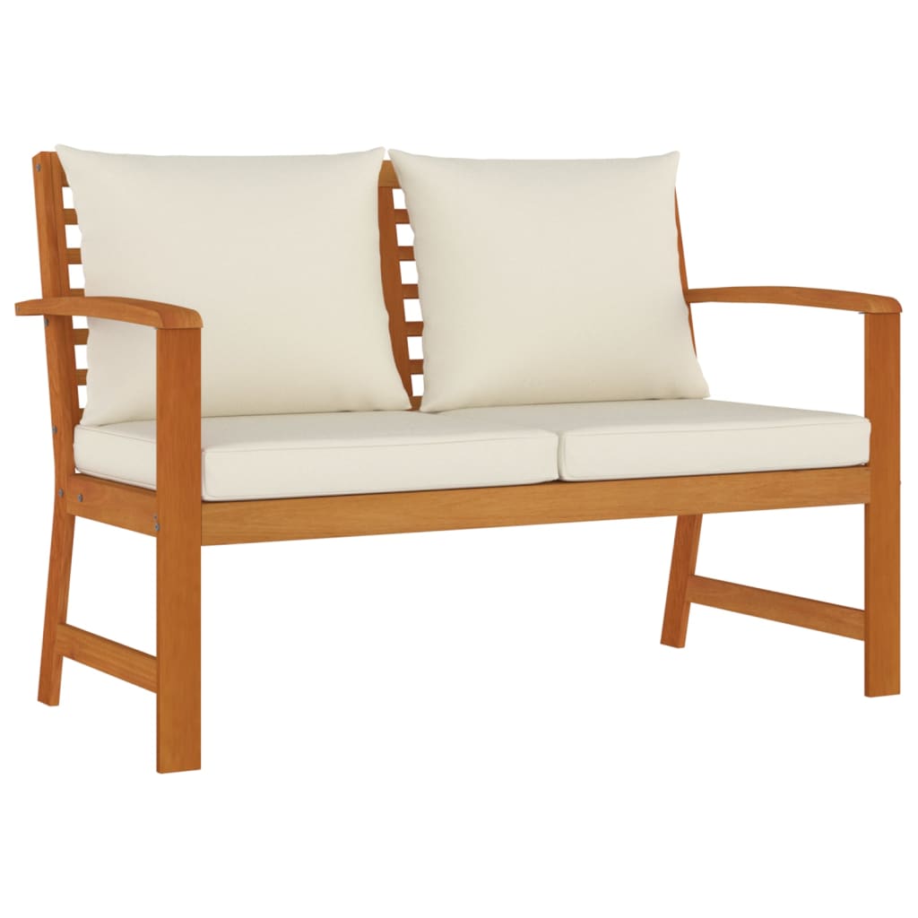 4-delat trädgårdsmatsalsset med kuddar, massivt akaciaträ - krämfärgad, bänk + 2x stol + bord, 1 - number 4.