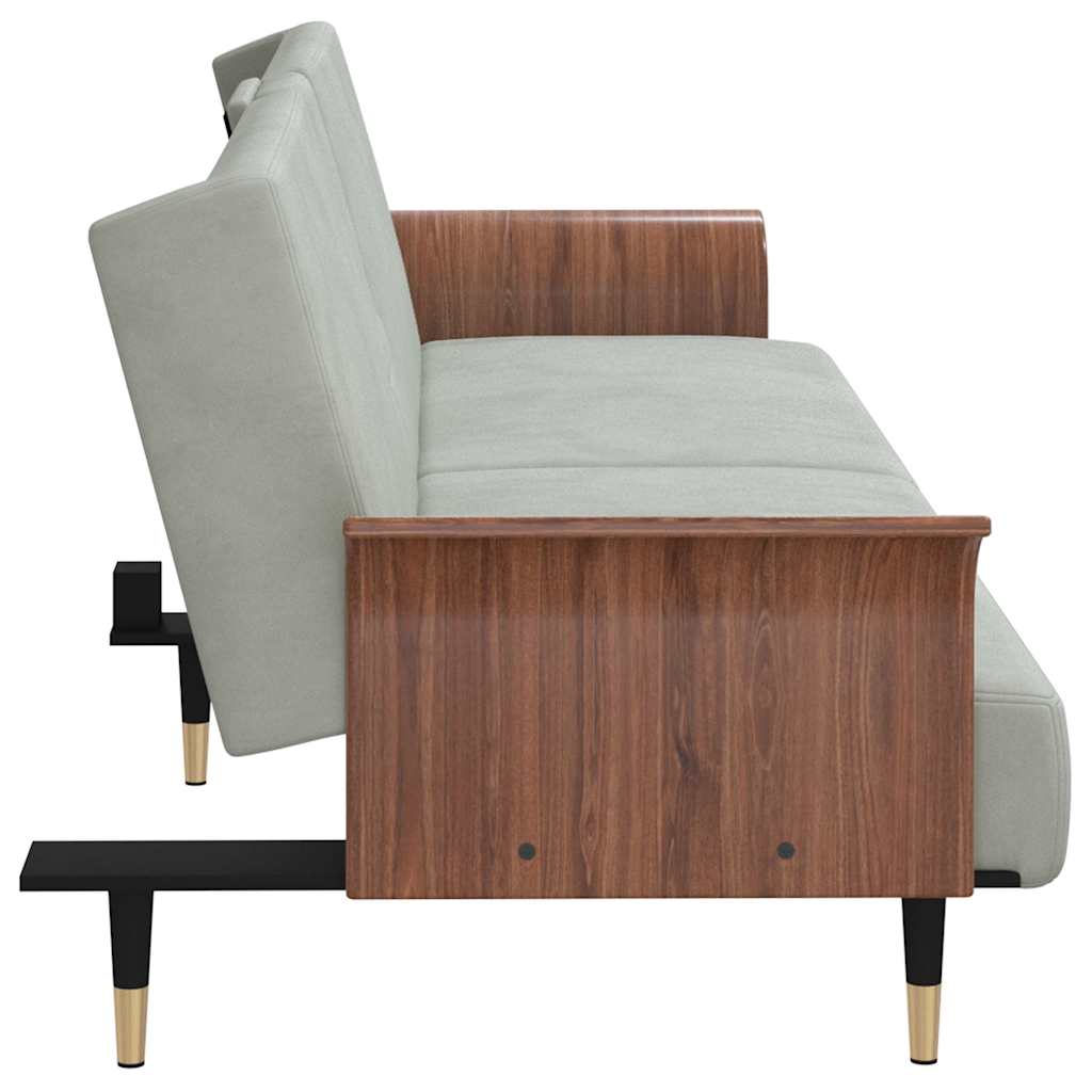 Kauč na razvlačenje s držačima za čaše velur svijetlo sivi - number 6.