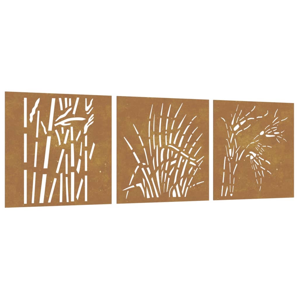 Outdoor wall decoration 3 parts 55x55 cm grass design corten steel - number 2.