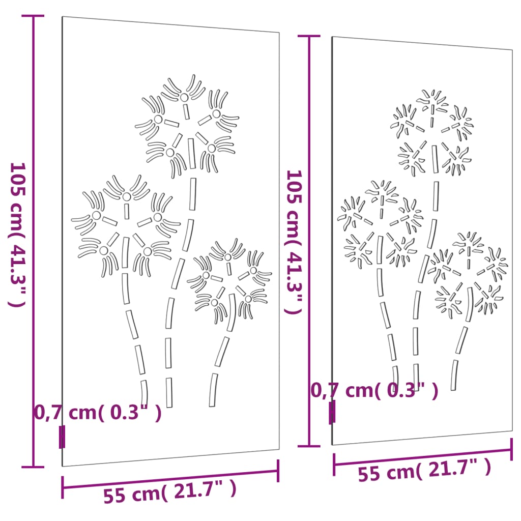 Outdoor wall decoration 2 parts 105x55 cm flowers corten steel - number 8.