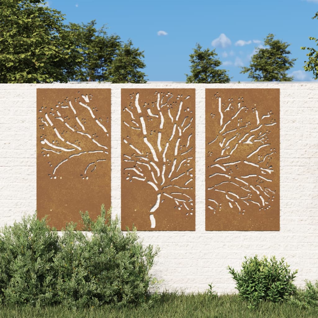 Outdoor wall decoration 3 parts 105x55 cm wood design corten steel - number 1.