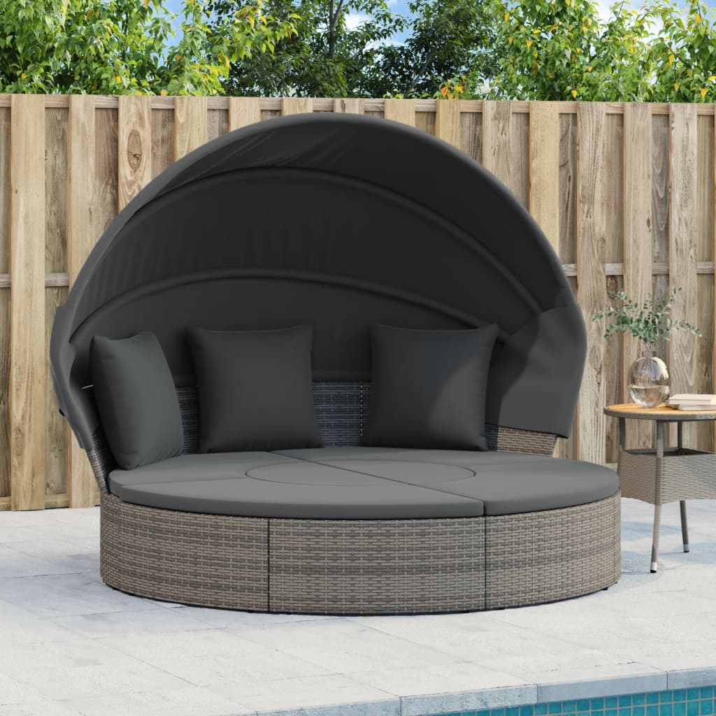 Udendørs loungeseng med tag og hynder polyrattan grå - number 1.