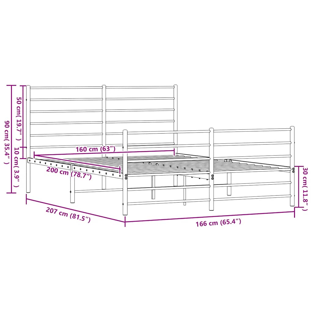 Rama łóżka bez materaca z ogrodzeniem stóp - czarny, 160 x 200 cm, z zagłówkiem i płotem - number 10.
