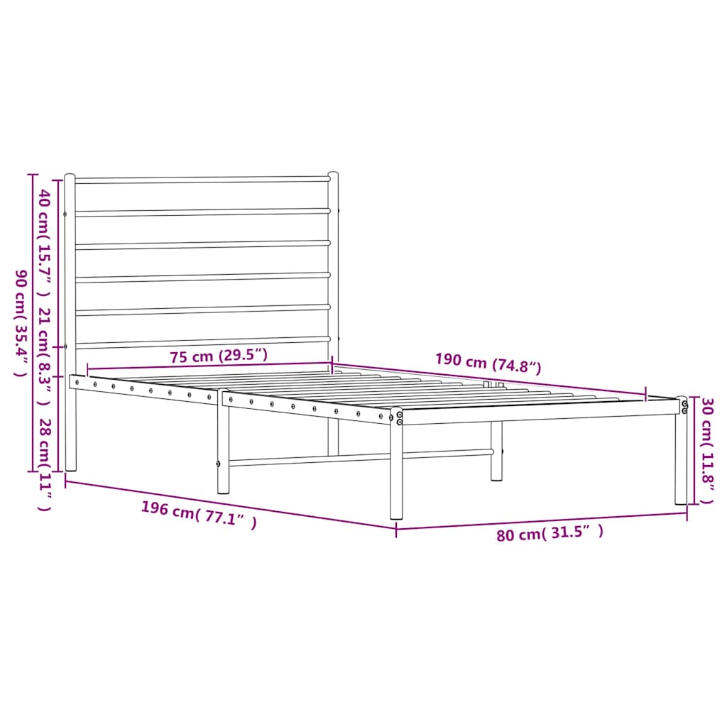 Sengsramme med nattverandør metall - svart, 75 x 190 cm, med hodegjerde - number 10.