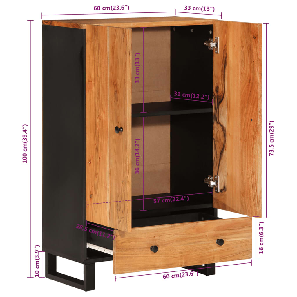 Skab med skuffe 60x33x100 cm massivt akacietræ og jern - number 9.