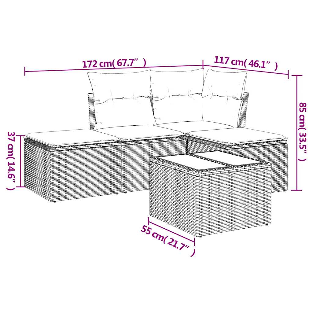 Sofa sett 5 deler med puter polyrattan - lysegrå, med bord, 1-1 - number 3.