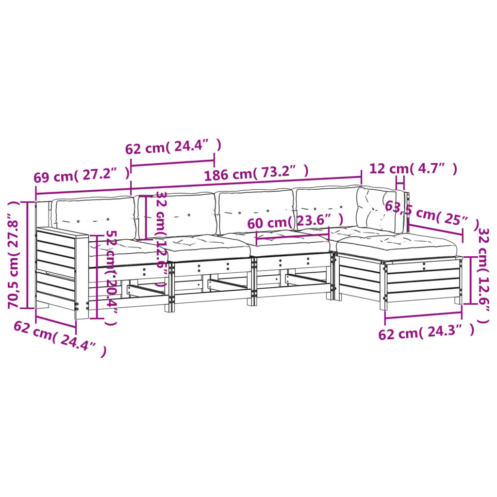 Loungesæt til haven 5 dele massivt - fyrretræ hvid, 1-2 - number 12.
