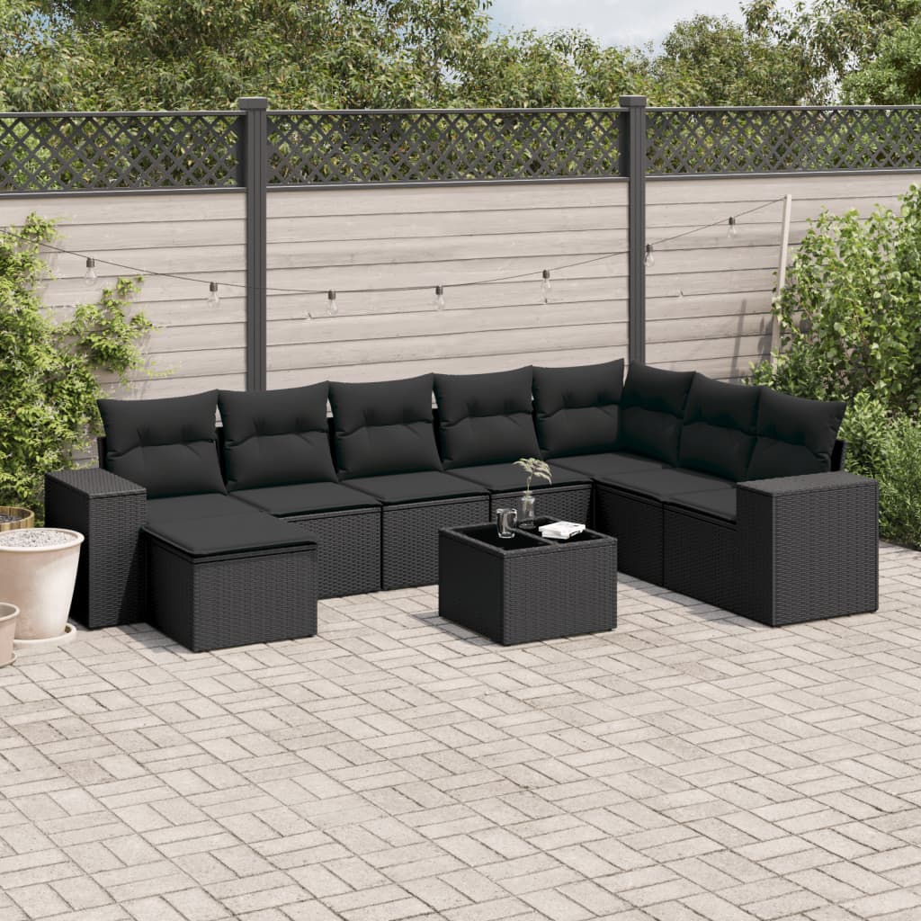 Sofa sett for hage 9 deler med puter polyrattan - svart, uten bord, 1 - number 1.