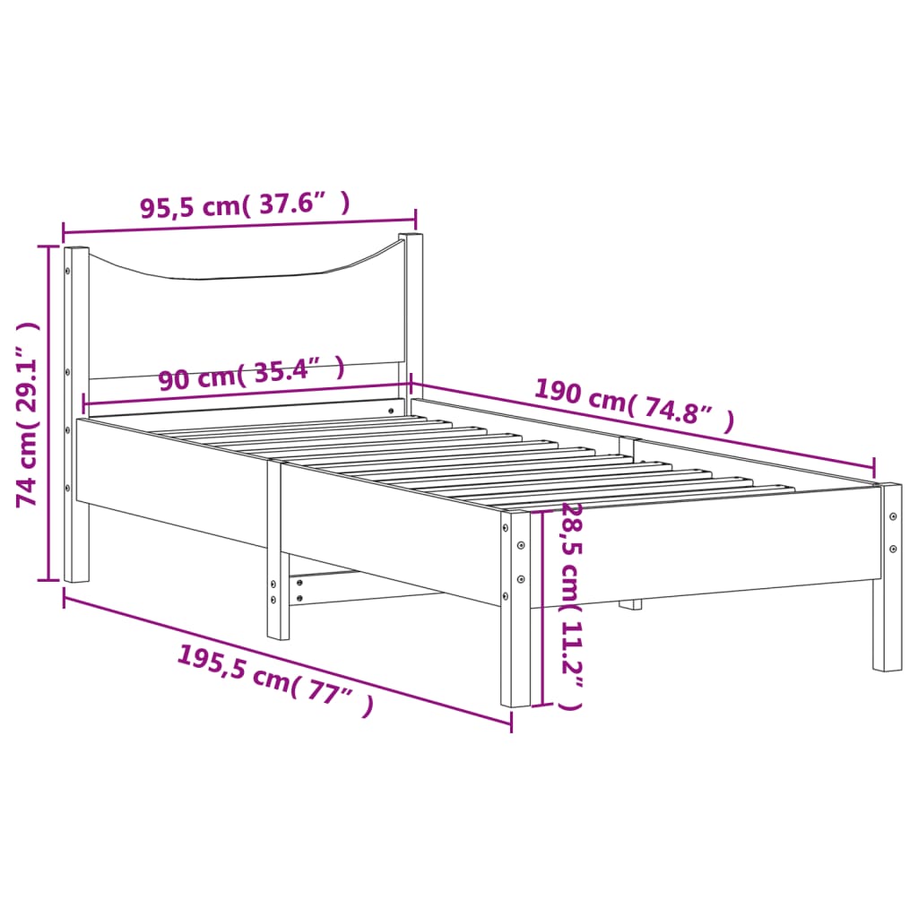 Bed frame without mattress solid pine wood - natural color, 90 x 190 cm - number 9.