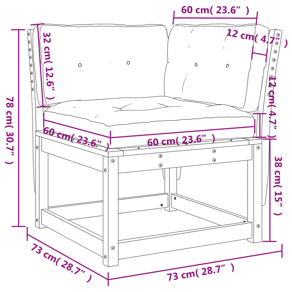 Corner module for garden sofa 73x73x78 cm with cushions solid pine - pine natural, with cushions, 1 - number 10.