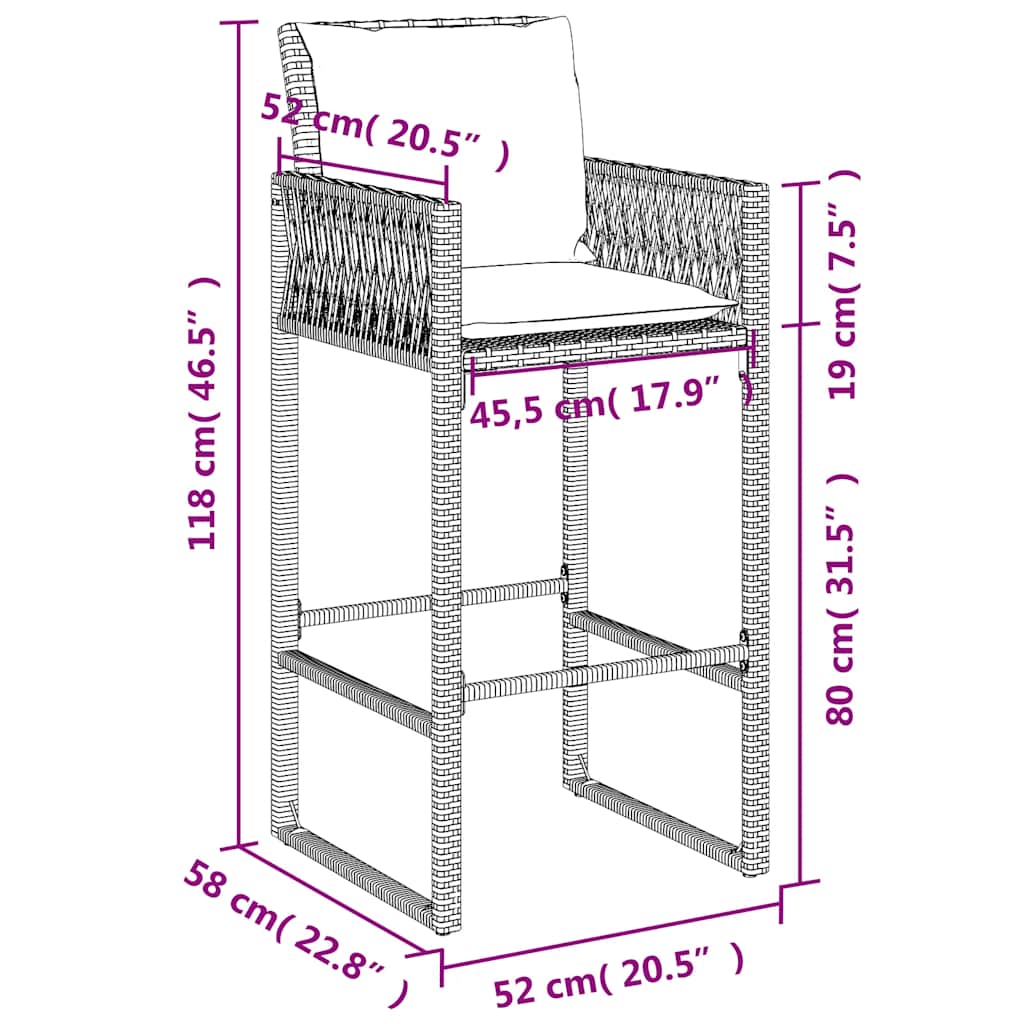 Outdoor bar stools with cushions 2 pcs. polyrattan - brown, 1, with pillow - number 11.