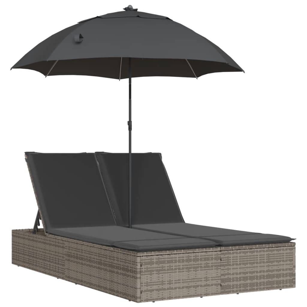 Dobbelt loungesofa med hynder og parasol polyrattan - grå, 1 - number 2.
