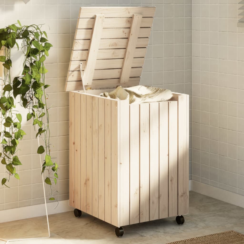 Laundry basket with wheels rana 45x45x64 cm solid pine - natural color, 1, vertical stripes - number 1.